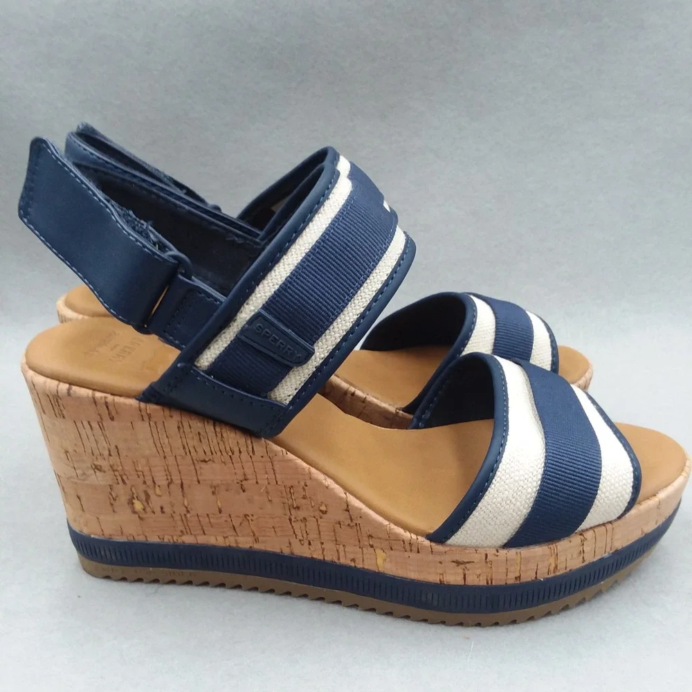 Sperry Kennedy Plushwave Wedge Sandals Stripe Platform Cork‎ Shoes Women's 9M